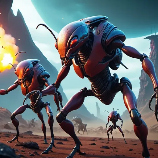 Prompt: Ants (epic battle scene), large and armored, advanced alien designs, detailed gear and weapons, dynamic poses, vibrant colors, dramatic lighting, sci-fi atmosphere, intense emotion, alien landscape background, high-stakes conflict, ultra-detailed, 4K quality, explosive action elements, imaginative and surreal visual style.