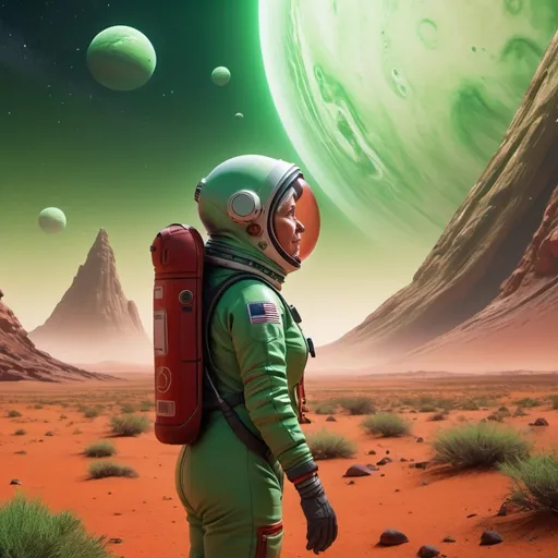 Prompt: (Green and red landscapes), Grandma (wearing a spacesuit), (looking up hopefully), surrounded by alien flora, (dust storms swirling in the distance), (distant Mars craft), (warm, desperate ambience), fantastical atmosphere,  (captivating detail), cosmic background with stars, ultra-detailed, 4K resolution.