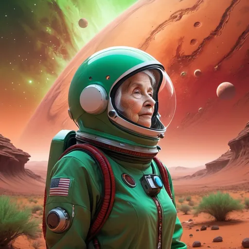 Prompt: (Green and red landscapes), Grandma (wearing a spacesuit), (looking up hopefully), surrounded by alien flora, (dust storms swirling in the distance), (distant Mars craft), (warm, desperate ambience), fantastical atmosphere,  (captivating detail), cosmic background with stars, ultra-detailed, 4K resolution.