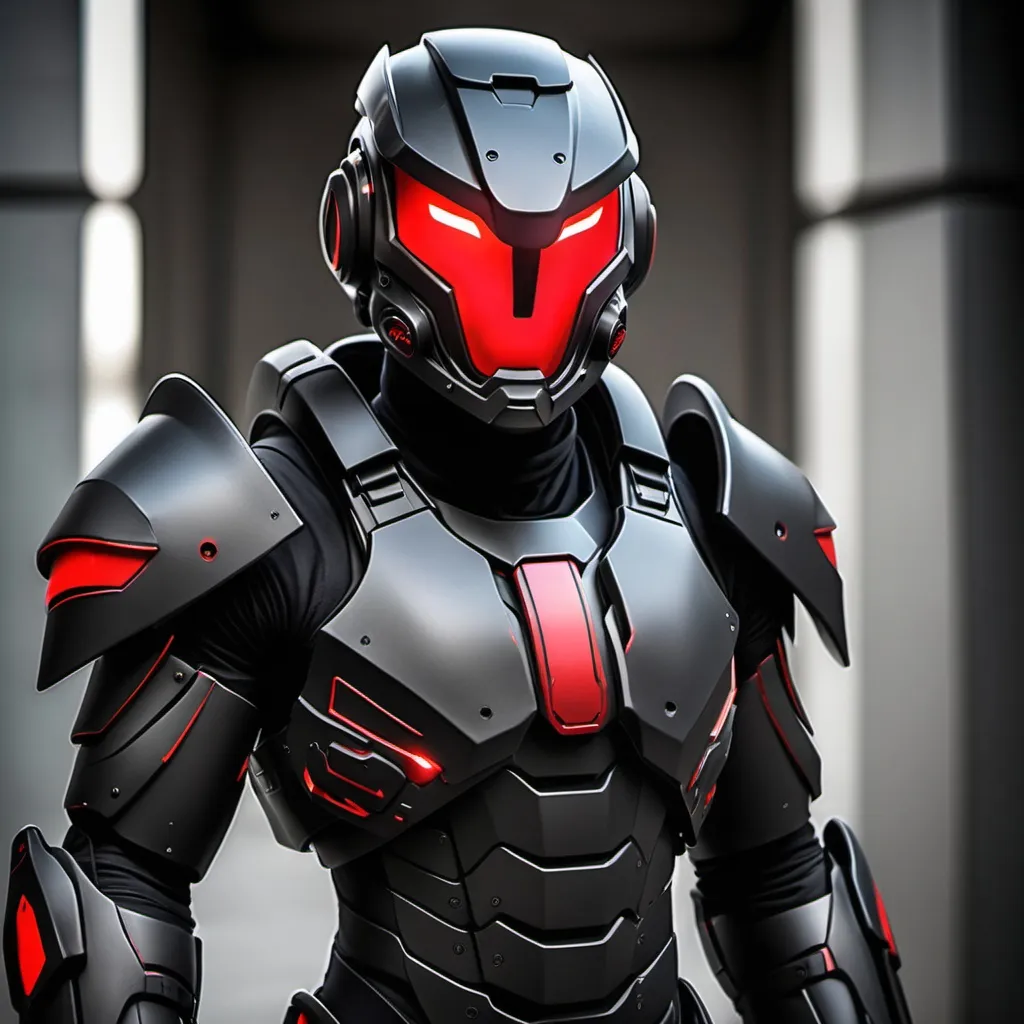 Prompt: full body skin tight powered combat armor,  black with crimson highlights,  glowing grey eye visor