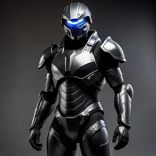 Prompt: full body skin tight powered combat armor,  black with silver highlights,  glowing grey eye visor