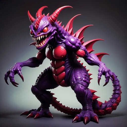 Prompt: a massice crimson and dark purple kaiju,  with four arms,  two tails,  and a horrifying demonic smile