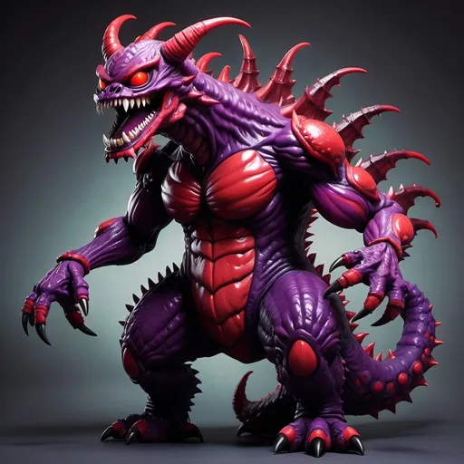 Prompt: a massice crimson and dark purple kaiju,  four arms,  two tails,  and a horrifying demonic smile