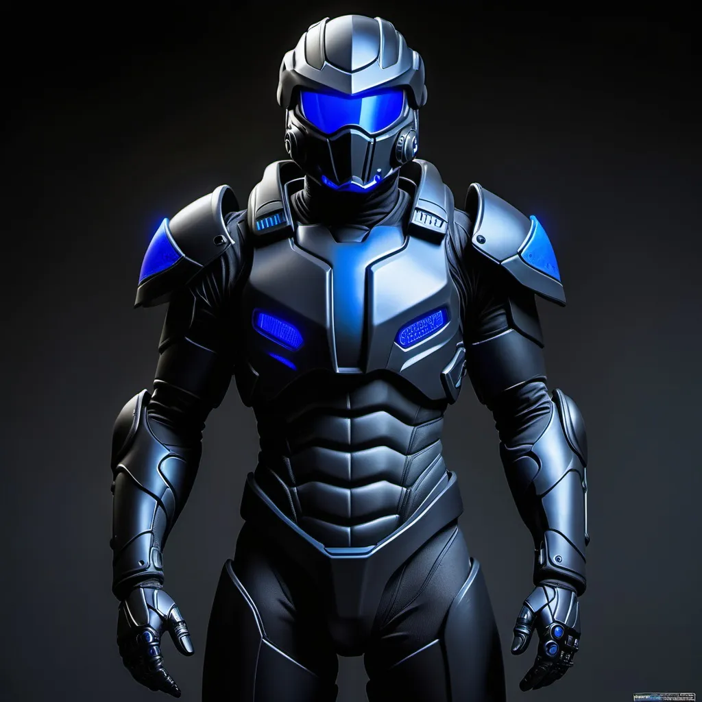 Prompt: full body skin tight powered combat armor,  black with cobalt blue highlights,  glowing grey eye visor