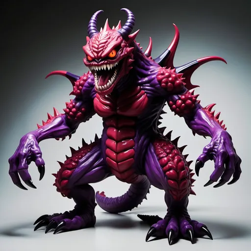 Prompt: a massice crimson and dark purple kaiju,  four arms,  two tails,  and a horrifying demonic smile