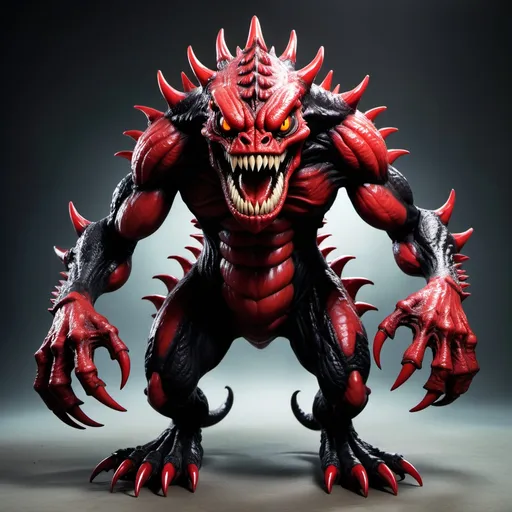 Prompt: a massive blood red and black kaiju,  with four arms,  one tail with a giant mouth with teeth,  and a horrifying demonic smile