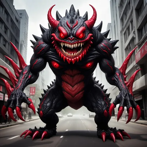 Prompt: a massice blood red and black kaiju,  with four arms,  one tail with a giant mouth with teeth,  and a horrifying demonic smile