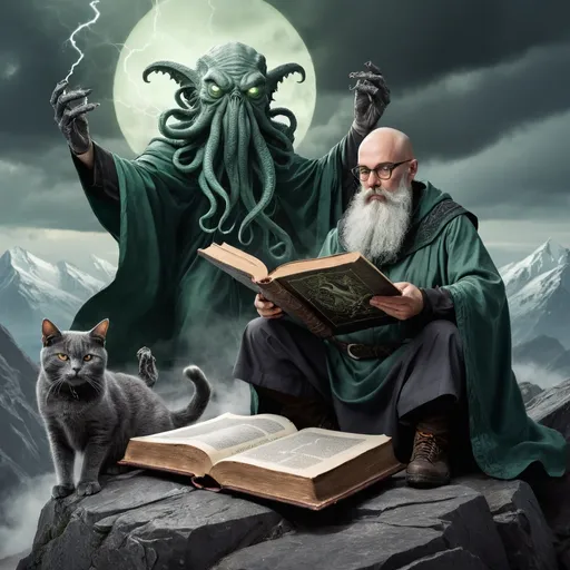 Prompt: A friendly bald headed grey bearded warlock with glasses on top of stormy mountain top casting a spell from an ancient book. At his feet are two grey cats. Behind him is the huge shadow of Cthulhu.