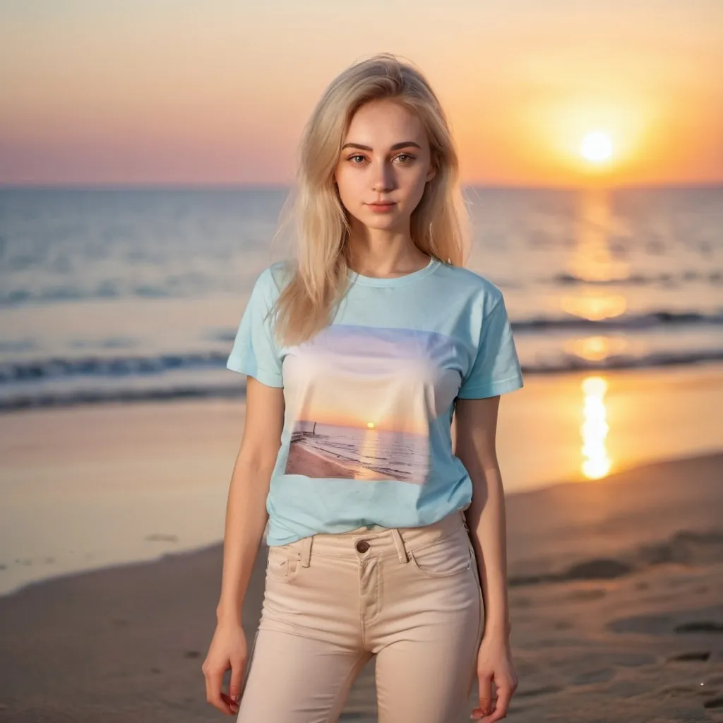 Prompt: Slim young girl with blond hair in pants and a t-shirt of light colors on the beach with the sea and sunset