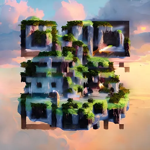 Prompt: A magnificent floating island in the sky above the sea, defying gravity, floating and flying island, waterfall, epic lighting, epic composition, highly detailed