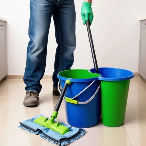 Prompt: house cleaning show feet only of a man holding a floor scrapper and a blue bucket with green glove hunging out of the bucket waring grey shoes no hands
clean shoes
Dont show hand just the mop legs shoes blue bucket with the green gloves hunging out of the buck man standing in upright position
Show shoes

