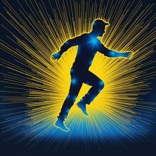 Prompt: Image is a digital artwork featuring a silhouette of a person in motion, set against a vibrant background. The style is dynamic and abstract, with the silhouette depicted in a deep blue hue. The figure appears to be leaping or dancing, with one leg raised and arms slightly extended. The background is a radiant burst of yellow and orange, emanating from behind the silhouette, creating a striking contrast. The lines radiating from the center are sharp and energetic, enhancing the sense of movement. The overall composition is centered, with the silhouette as the focal point, surrounded by the vivid, glowing backdrop.