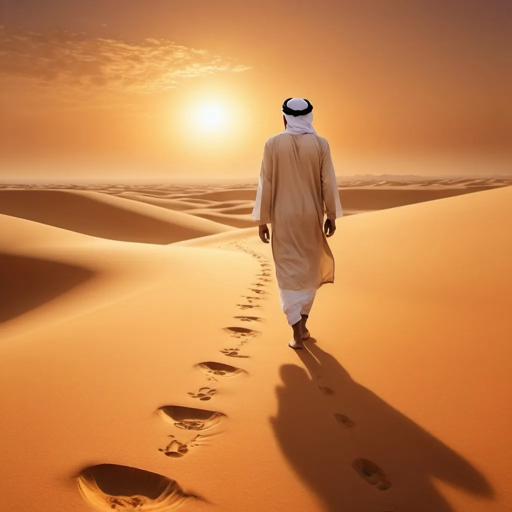 Prompt: an arabic man who lost in the deseret looking fatique and tired a sun set in front of him far away and his footprint behind him afternoon time before sun set the sky looking orange