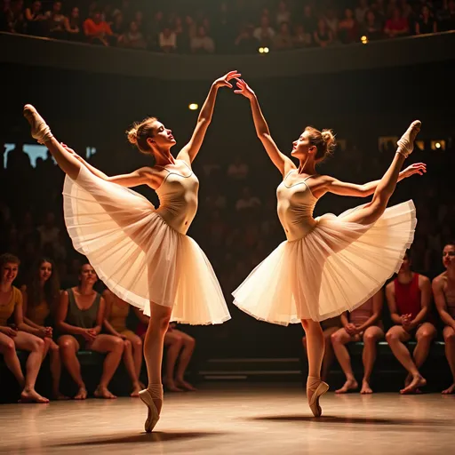 Prompt: Sassy ballet dancers performing for big crowd