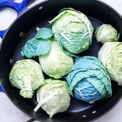 Prompt: Cooking white cabbage and blue cabbage in the same pot