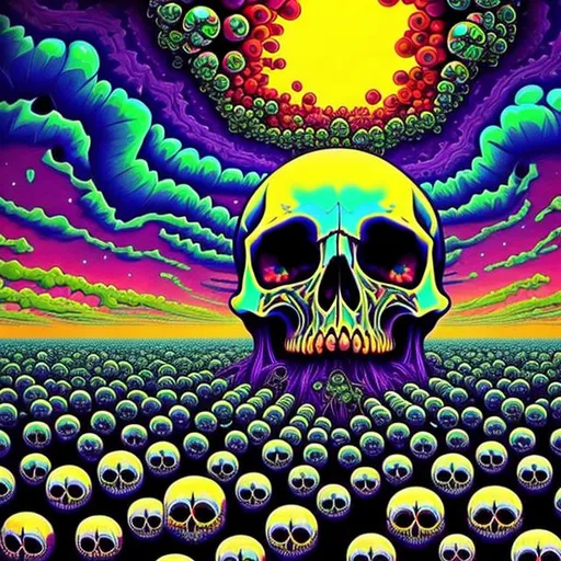 Prompt: melting skull dripping, floating eyeballs in the sky, the sky has a kaleidoscope of colors, surreal indie art