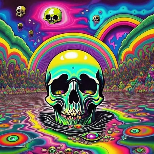 Prompt: melting skull dripping into a trippy rainbow-colored pool, floating eyeballs in the sky, the sky has a kaleidoscope of colors, surreal indie art
