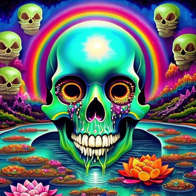 Prompt: melting skull-shaped face dripping into a rainbow-colored pool filled with lotus flowers that have human-like faces, floating eyeballs in the sky, the sky has a kaleidoscope of colors, surreal indie art