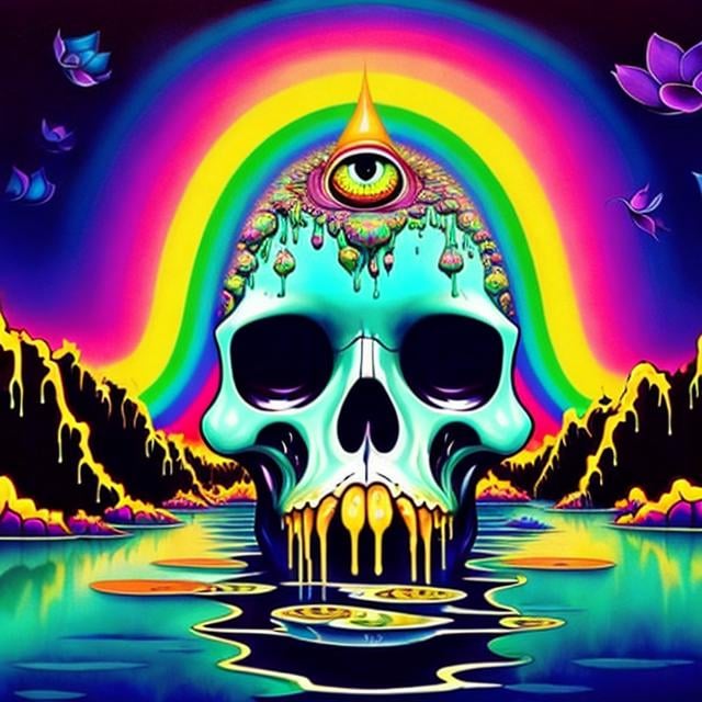 Prompt: melting skull-shaped face dripping into a rainbow-colored pool filled with lotus flowers that have human-like faces, floating eyeballs in the sky, the sky has a kaleidoscope of colors, surreal indie art