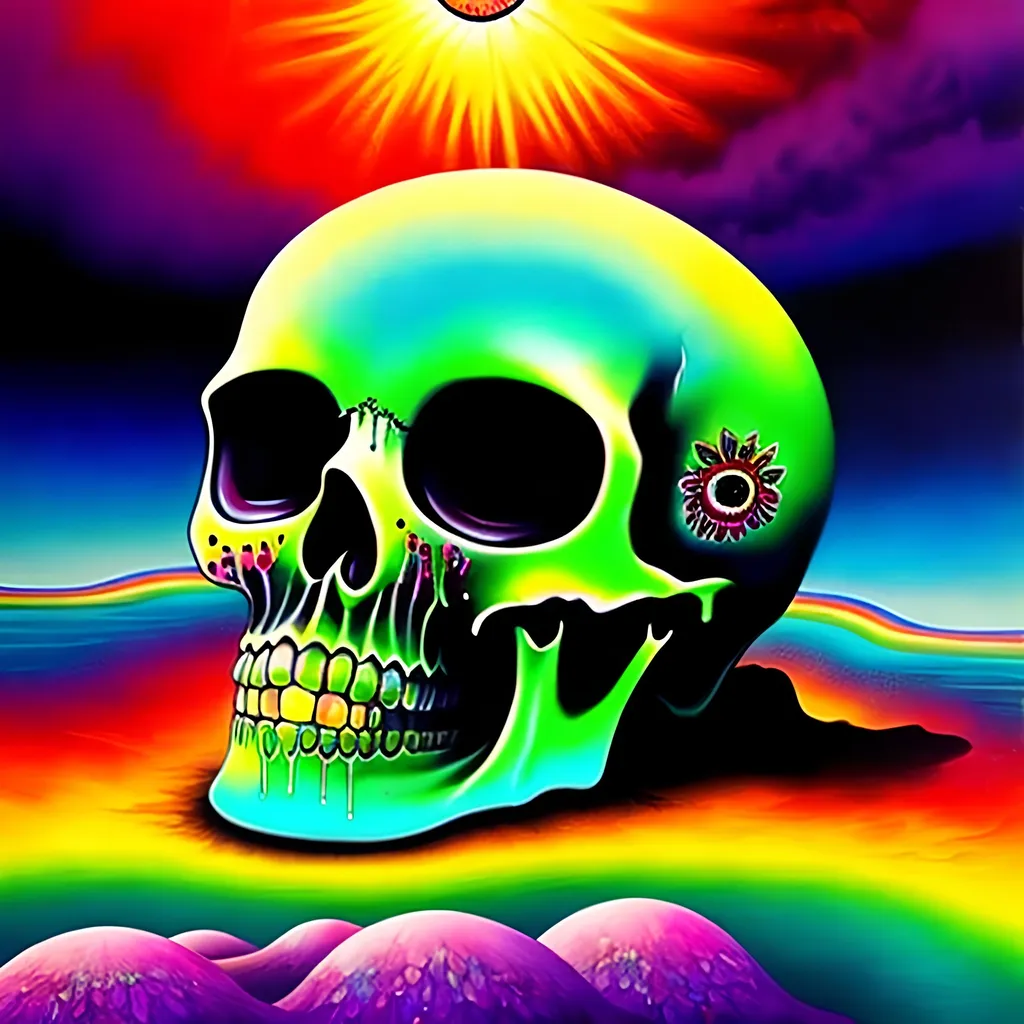 Prompt: melting skull dripping into a rainbow-colored pool, floating eyeballs in the sky, the sky has a kaleidoscope of colors, surreal indie art