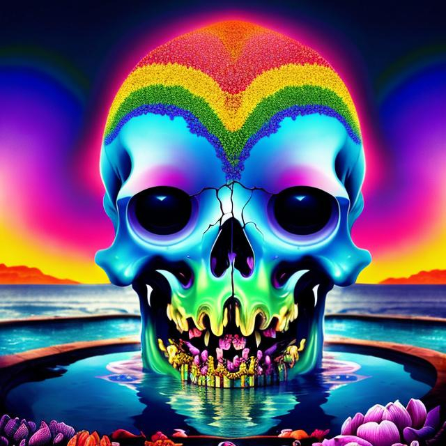 Prompt: melting skull-shaped face dripping into a rainbow-colored pool filled with lotus flowers that have human-like faces, floating eyeballs in the sky, the sky has a kaleidoscope of colors, with a crescent moon shaped like a rabbit's head, surreal indie art, weirdcore reality