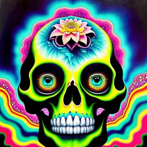 Prompt: melting skull-shaped face dripping into a rainbow-colored pool filled with lotus flowers that have human-like faces, floating eyeballs in the sky, the sky has a kaleidoscope of colors, surreal indie art