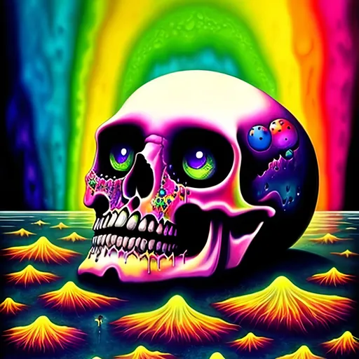 Prompt: melting skull dripping into a rainbow-colored pool, floating eyeballs in the sky, the sky has a kaleidoscope of colors, surreal indie art