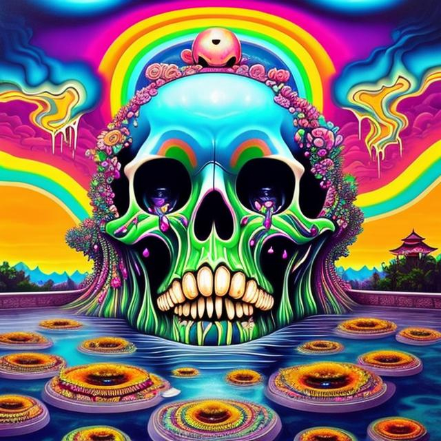 Prompt: melting skull-shaped face dripping into a rainbow-colored pool filled with lotus flowers that have human-like faces, floating eyeballs in the sky, the sky has a kaleidoscope of colors, surreal indie art