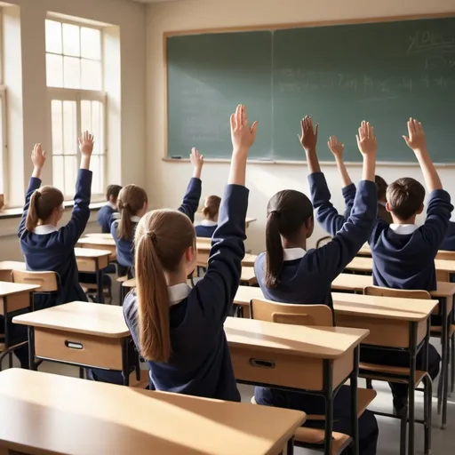 Prompt: Photorealistic classroom scene, engaged 17-year-old students, oral participation, individual desks, view from back of classroom, teacher at blackboard, positive mood, high quality, photorealistic, classroom setting, detailed facial expressions, natural lighting, academic environment, positive atmosphere. No school uniforms. some students have one arm raised