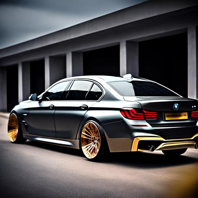 Prompt: bmw sedan grey-gold color led lights in shape of pentagon4 doors black luxury rims luxury body 