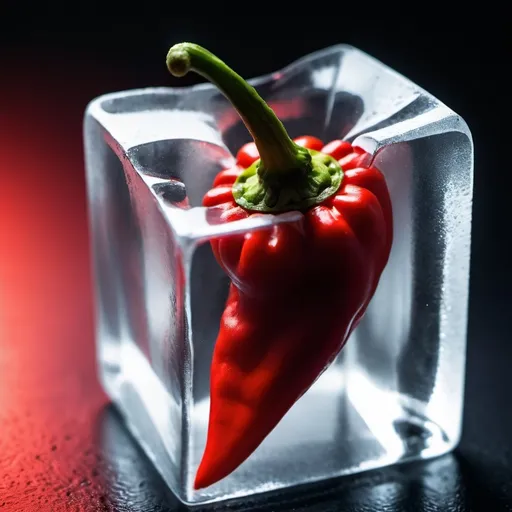 Prompt: chili pepper inside an ice cube, close-up shot, high contrast, minimalistic, macro photography, vibrant red and crisp ice, clear details, dramatic lighting, artistic, high quality, minimalism, vibrant colors, close-up shot, macro photography, high contrast, dramatic lighting