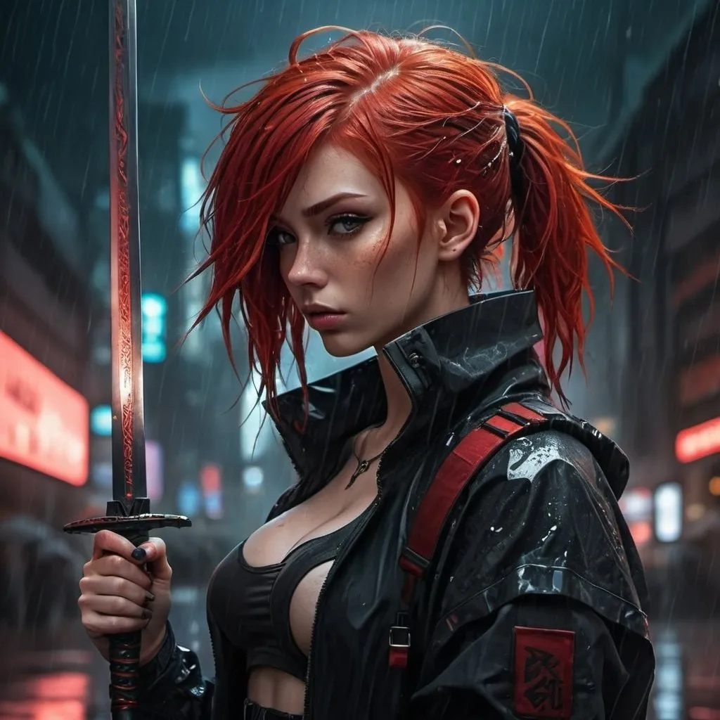 Prompt: Anime cyberpunk style, woman with red hair, highly detailed, HD, dark background raining with sword