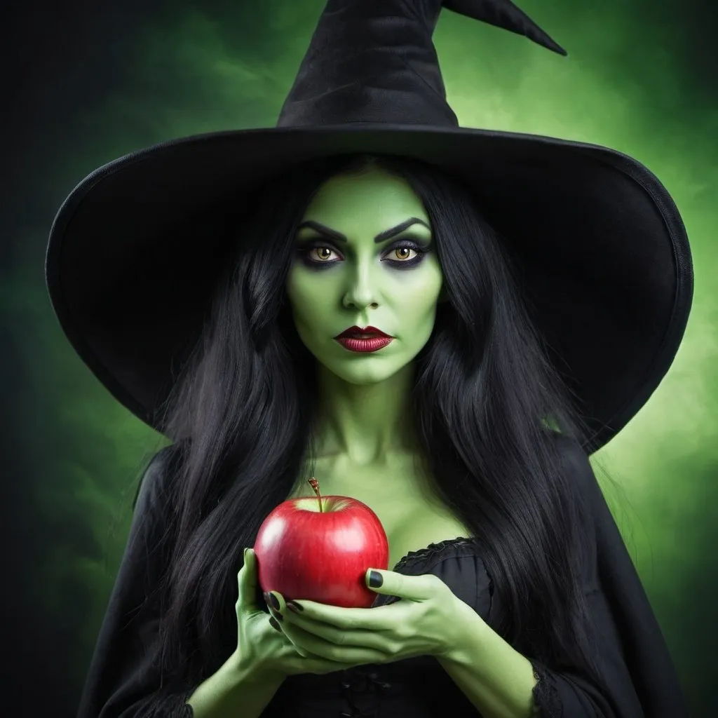 Prompt: Wicked yet beautiful  witch with green skin long black flowing hair big hat holding a red apple