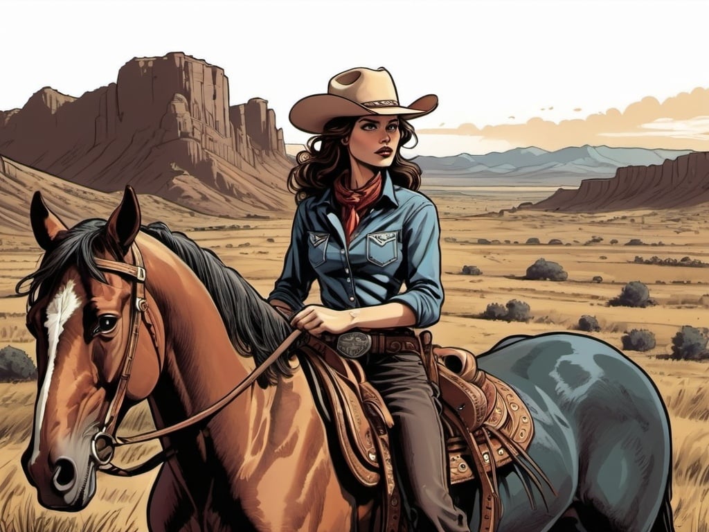 Prompt: Woman cowboy, landfields, detailed, dark colors, dramatic, graphic novel illustration,  2d shaded retro comic book