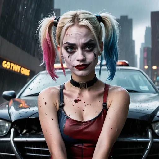 Prompt: Beautiful yet sad Harley quinn holding bat behind head in Gotham with car crash behind her. Multiple colors in background and raining