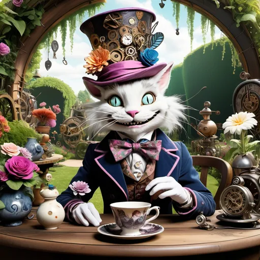 Prompt:  Alice, resplendent in the Mad Hatter's extravagant top hat adorned with delicate, swirling patterns and oversized, steampunk-inspired gears, sits at a worn, wooden table in a lush, vibrant garden, surrounded by towering flowers and twisting vines. The Cheshire Cat's mischievous grin appears in the foliage behind her, while the White Rabbit and the March Hare peek out from beneath the table, amidst a scattering of teacups and saucers stacked haphazardly. Soft, warm light filters through the garden's lush canopy, casting dappled shadows and illuminating the scene in a dreamy, surreal glow. The atmosphere is one of fantastical, storybook wonder, with intricate textures and patterns reminiscent of the whimsical illustrations of Arthur Rackham, the fantastical world-building of Hayao Miyazaki, and the elaborate, ornate details of Kinuko Y. Craft. Pastel colors with golden accents and subtle, shimmering highlights evoke a sense of enchantment and curiosity, inviting the viewer to step into the fantastical world of Wonderland.