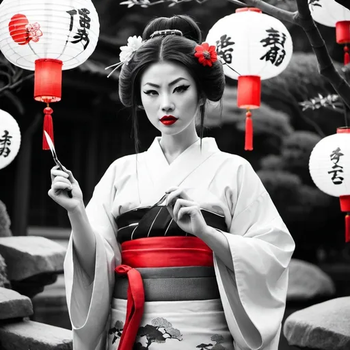 Prompt: Black and white picture of geshia with red lipstick, fan and holding knife in Japanese garden with paper lanterns curtains and samurai fighters