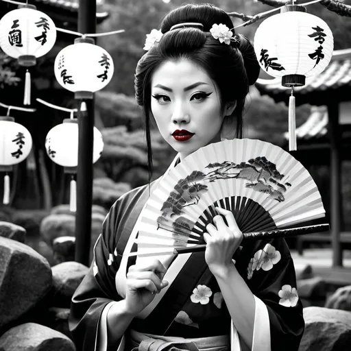 Prompt: Black and white picture of geshia with red lipstick, fan and holding knife in Japanese garden with paper lanterns curtains and samurai fighters