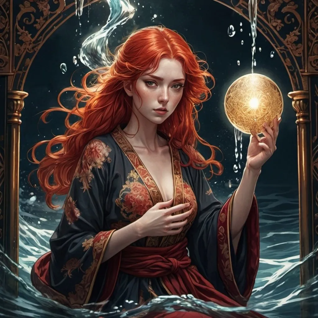 Prompt: tarot card Anime illustration, a red-haired woman, detailed ornate cloth robe, dramatic lighting, water elements 