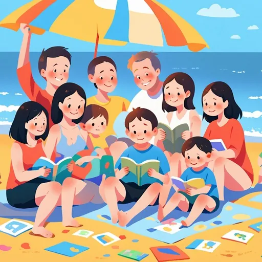 Prompt: a family of 9 adults sits on the beach with a blue background. 