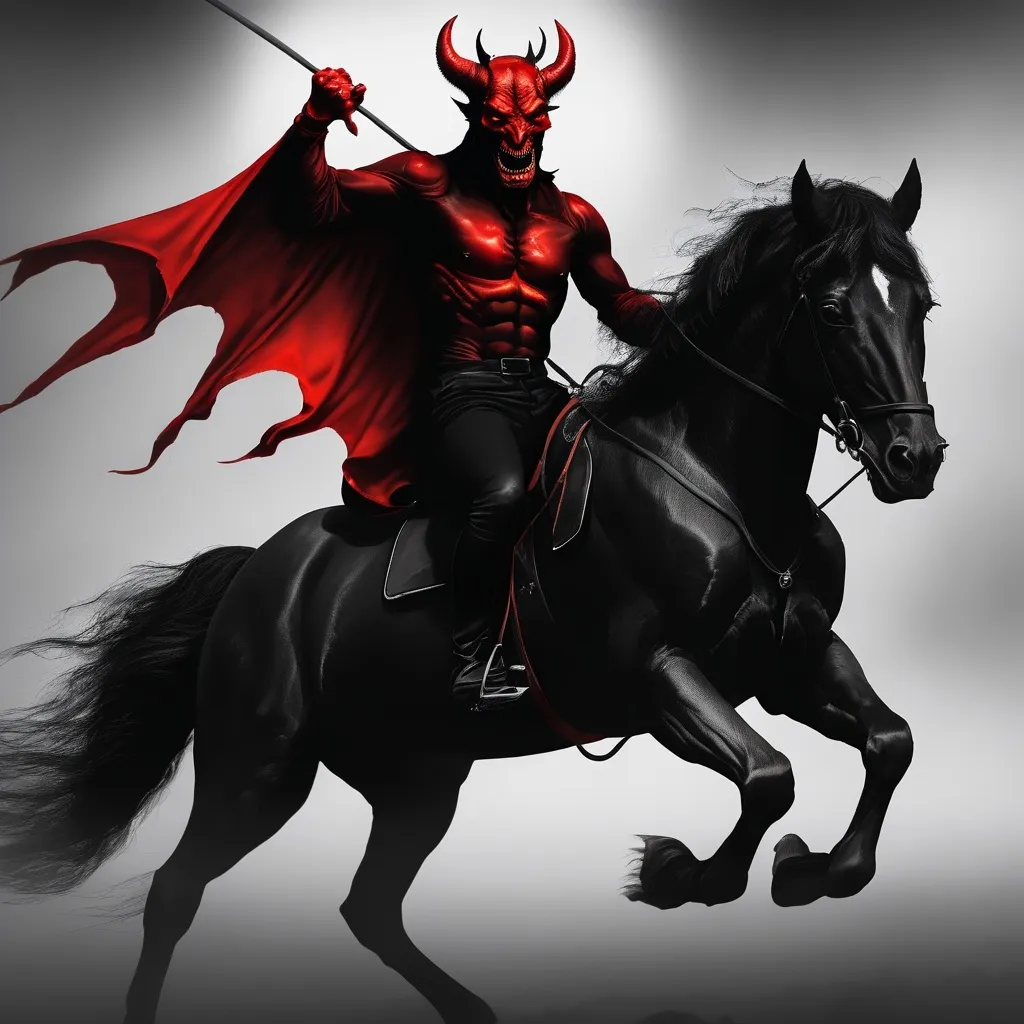 Prompt: Devil red scary  riding a black horse 