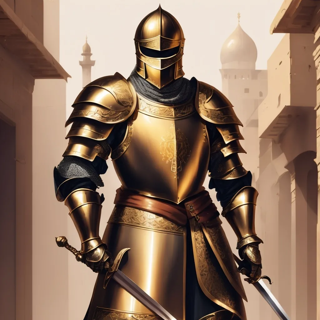 Prompt: Arabic muscler Knight wearing a golden armor and holding a sword 