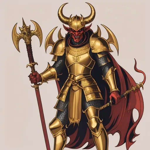 Prompt: Devil wearing a gold armor and helmet on it two horns and holding two swords