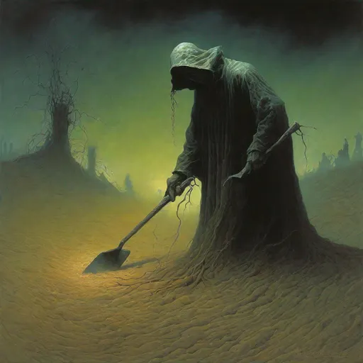 Prompt: 
sci fi, Supernatural grave digger, wielding a shovel made of flesh tendrils, eldritch horror, Zdzislaw Beksinski 