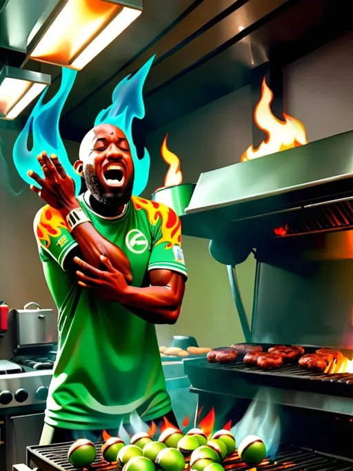 Prompt: (photorealistic) vibrant scene, a man in a (green jersey) crying out loud, intense emotions on his face, cooking on a large grill, flames flickering against his shirt, an array of (multiple green footballs) sizzling on the grill, vivid colors, fantastic realism, dynamic composition, vfx effects, high-quality stock photo, focused on the raw emotion and action of grilling.