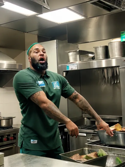 Prompt: dimly lit kitchen, (dramatic lighting), tall man, green jersey, leaning over grill, spatula in hand, watching football on fire, tears, (intense emotion), smoky atmosphere, warm color tones, (high detail), (ultra-detailed), (photorealistic), quiet yet chaotic scene, contrasting emotions of joy and sorrow.