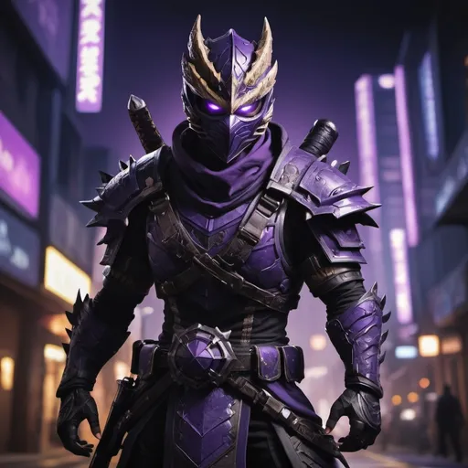 Prompt: monster hunter character, (cool ninja mask), fierce gaze, dynamic pose, stylized armor with intricate details, high-tech gear and weapons, dramatic shadows, deep rich colors (Purple & Black), urban night background, mystical ambiance, intense atmosphere, high quality, ultra-detailed, cinematic lighting, action-packed vibe, adventurous spirit, ready for battle