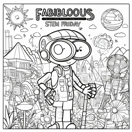 Prompt: colouring in page for year 6 STEM students with the title Fabulous Friday
