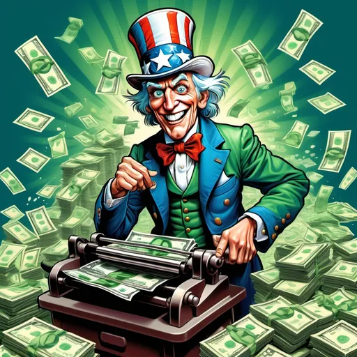 Prompt: (uncle sam), printing money with a press machine, cartoon style, vibrant colors, exaggerated features, lively expression, surrounded by piles of cash, whimsical atmosphere, humorous vibe, intricate background depicting a bustling mint, dynamic composition, contrasts of bright greens and blues, playful details, ultra-detailed, HD quality