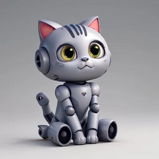 Prompt: Robot cat, material is steel, cute,  proportion is two heads, pose is sitting. big eyes, 